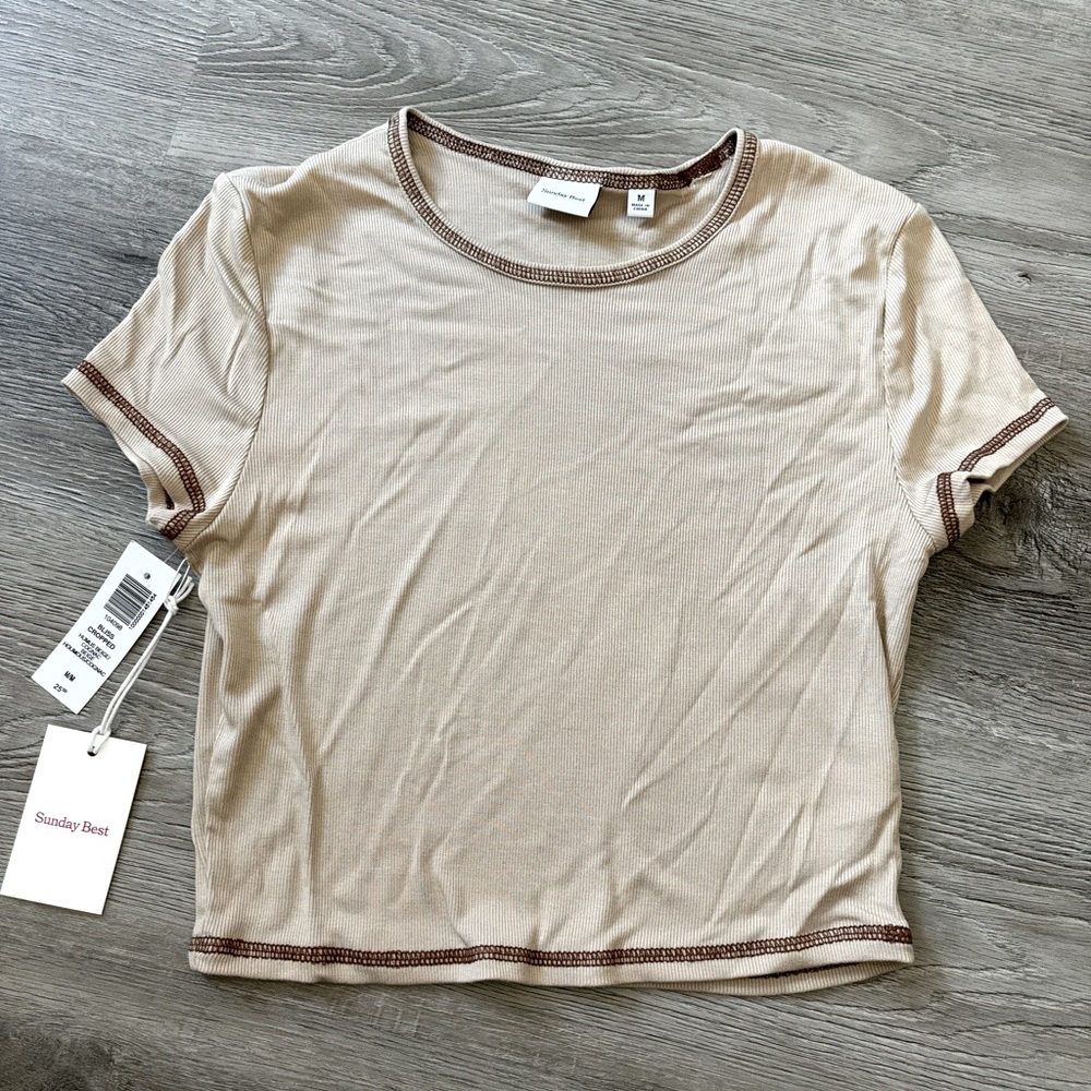 Sunday Best Beige Short-Sleeve Crewneck Top with Brown Contrast Stitching